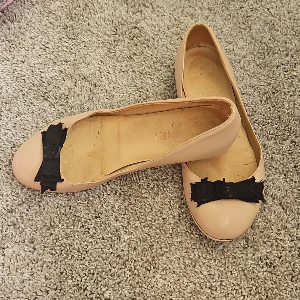 AUTHENTIC CHANEL Beige Ballet Flats Bow Preppy Twee 7